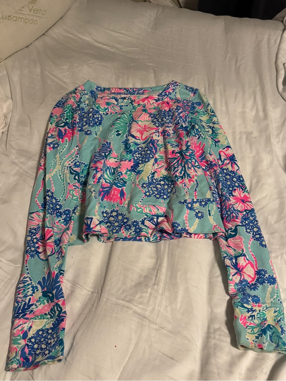 Lilly Pulitzer Mint Green Floral Cropped Sweatshirt with Pink & Blue Print. Alex
